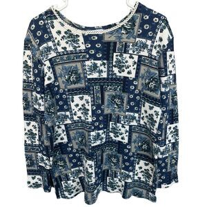 Vintage Confetti Thermal Shirt Womens‎ Medium Blue Patchwork Floral Cottagecore